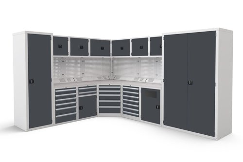 Euro slide Modular Workshop Corner Kit 2 - Laminate Worktop and Dark Grey Cupboards/Drawers