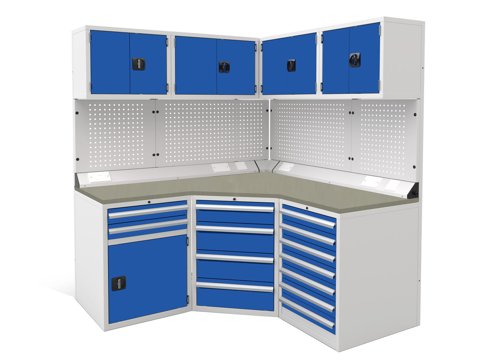 Euro slide Modular Workshop Corner Kit 1 - Linoleum Worktop and Blue Cupboards/Drawers
