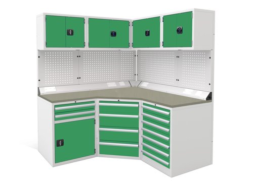 Euro slide Modular Workshop Corner Kit 1 - Linoleum Worktop and Green Cupboards/Drawers
