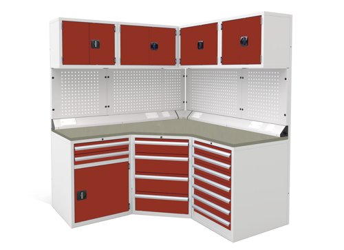 Euro slide Modular Workshop Corner Kit 1 - Linoleum Worktop and Red Cupboards/Drawers