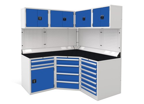 Euro slide Modular Workshop Corner Kit 1 - Black Laminate Worktop and Blue Cupboards/Drawers