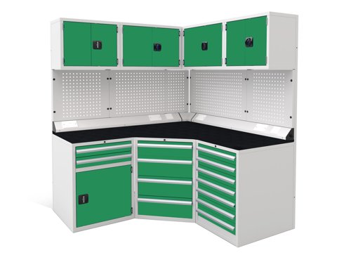 Euro slide Modular Workshop Corner Kit 1 - Black Laminate Worktop and Green Cupboards/Drawers