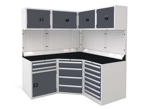 Euro slide Modular Workshop Corner Kit 1 - Black Laminate Worktop and Dark Grey Cupboards/Drawers