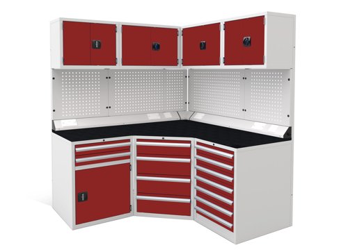 Euro slide Modular Workshop Corner Kit 1 - Black Laminate Worktop and Red Cupboards/Drawers