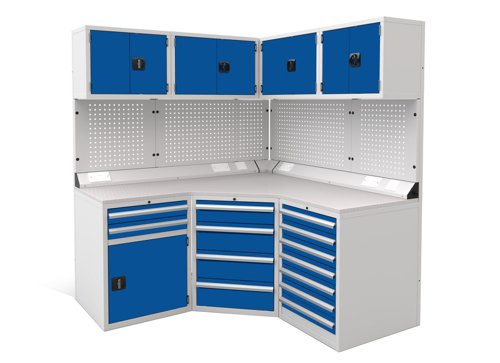 Euro slide Modular Workshop Corner Kit 1 - Laminate Worktop and Blue Cupboards/Drawers
