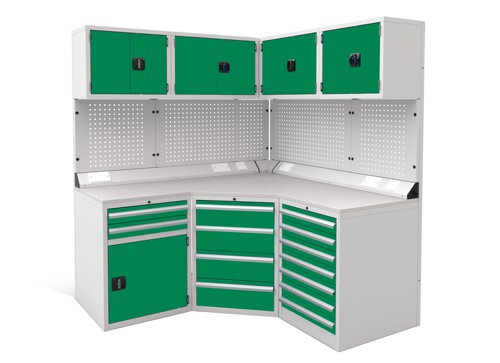 Euro slide Modular Workshop Corner Kit 1 - Laminate Worktop and Green Cupboards/Drawers