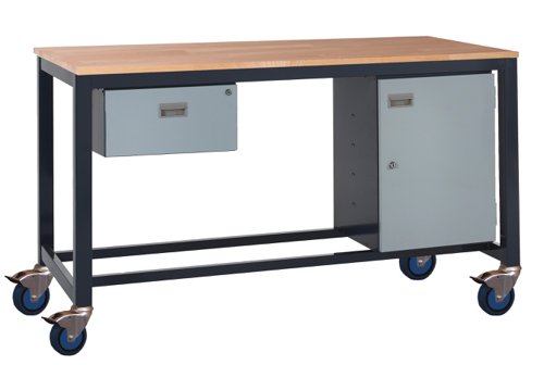 Mobile Heavy Duty Workbench - Beech Top 840h x 1200w x 750d mm - Single Drawer & Storage Cupboard