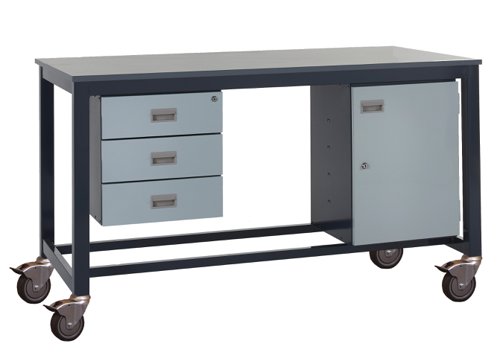 Mobile Heavy Duty Workbench - Laminate Top 840h x 1200w x 750d mm - Storage Cupboard & Triple Drawer Unit