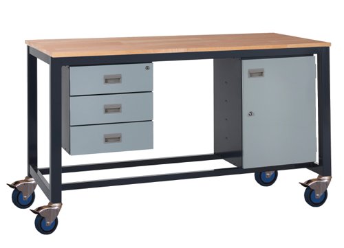 Mobile Heavy Duty Workbench - Beech Top 840h x 1200w x 750d mm - Storage Cupboard & Triple Drawer Unit