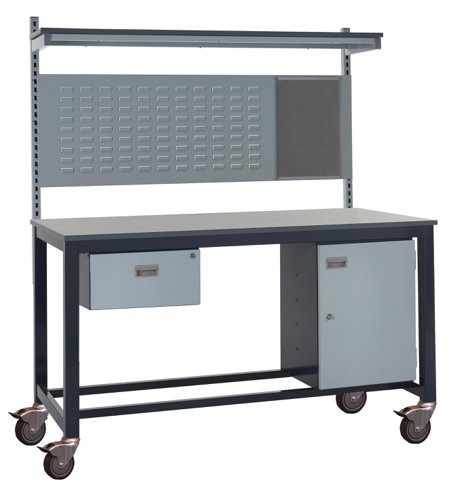 Mobile Heavy Duty Workbench - Laminate Top 840h x 1800w x 750d mm - Single Drawer, Storage Cupboard, 760mm Rear Support Posts, Louvre Panel & Laminate