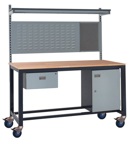 Mobile Heavy Duty Workbench - Beech Top 840h x 1200w x 750d mm - Single Drawer, Storage Cupboard, 760d mm Rear Support Posts, Louvre Panel & Laminate 