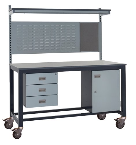 Mobile Heavy Duty Workbench - Laminate Top 840h x 1800w x 750d mm - Storage Cupboard, Triple Drawer Unit, 760mm Rear Support Posts, Louvre Panel & Lam