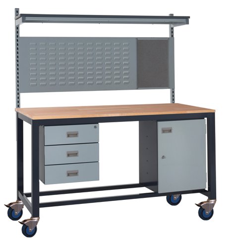 Mobile Heavy Duty Workbench - Beech Top 840h x 1200w x 750d mm - Storage Cupboard, Triple Drawer Unit, 760d mm Rear Support Posts, Louvre Panel & Lami