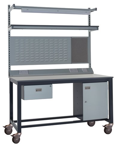 Mobile Heavy Duty Workbench - Laminate Top 840h x w1800 x 750d mm - Single Drawer, Storage Cupboard, 1180mm Rear Support Posts, Service Duct Worktop F
