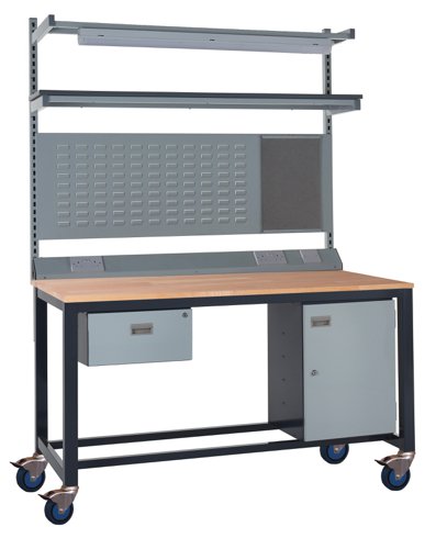 Mobile Heavy Duty Workbench - Beech Top 840h x 1200w x 750d mm - Single Drawer, Storage Cupboard, 1180d mm Rear Support Posts, Service Duct Worktop Fi