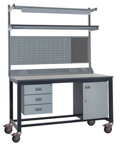 Mobile Heavy Duty Workbench - Laminate Top 840h x 1200w x 750d mm - Storage Cupboard, Triple Drawer Unit, 1180mm Rear Support Posts, Service Duct Work