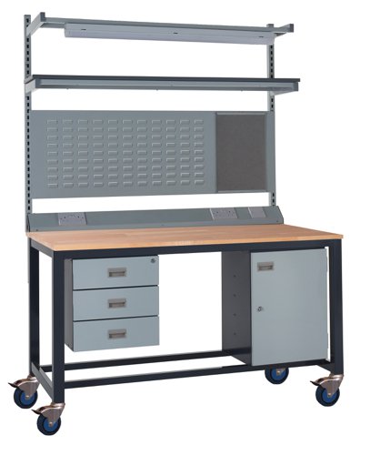 Mobile Heavy Duty Workbench - Beech Top 840h x 1200w x 750d mm - Storage Cupboard, Triple Drawer Unit, 1180d mm Rear Support Posts, Service Duct Workt