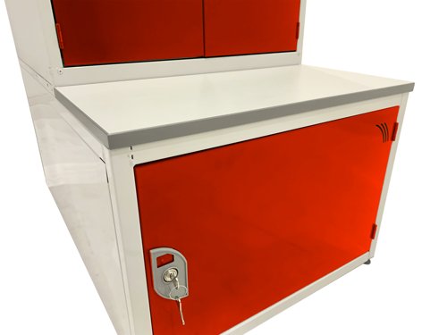 Combi Seat, Stand and Storage Compartment - H.450 W.1200 D.450 - Solid Door Storage Box - MFC Slats Red door