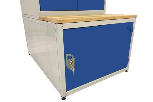 Combi Seat, Stand and Storage Compartment - H.450 W.1200 D.450 - Solid Door Storage Box - Oak Slats Blue Door