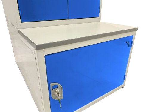 Combi Seat, Stand and Storage Compartment - H.450 W.1800 D.450 - Solid Door Storage Box - MFC Slats Blue door