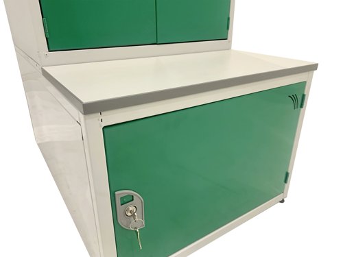 Combi Seat, Stand and Storage Compartment - H.450 W.1800 D.450 - Solid Door Storage Box - MFC Slats Green door