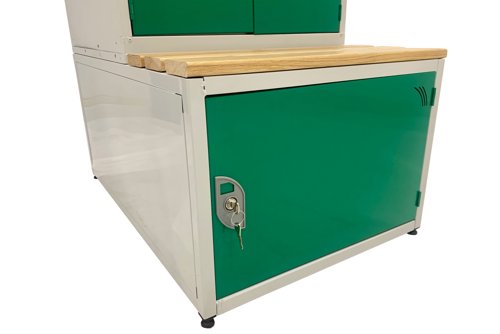 Combi Seat, Stand and Storage Compartment - H.450 W.600 D.450 - Solid Door Storage Box - Oak Slats Green door