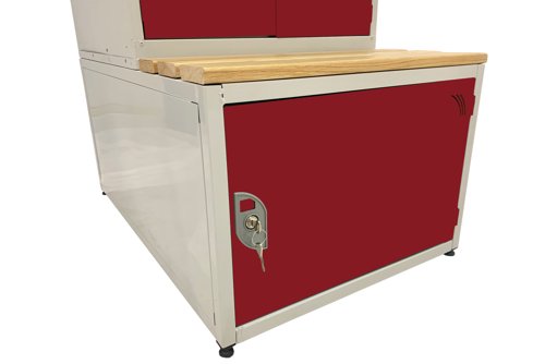 Combi Seat, Stand and Storage Compartment - H.450 W.600 D.450 - Solid Door Storage Box - Oak Slats Red door