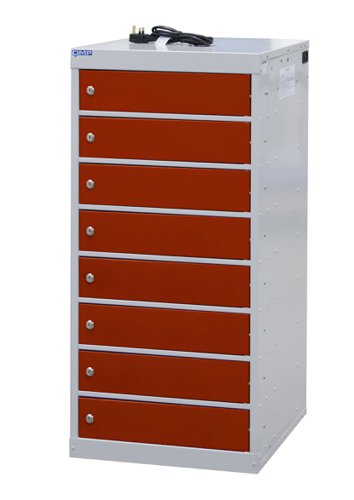 Laptop Charging Locker 1000h x 500w x 500d mm - 8 Tiers, 8 Doors Red Doors