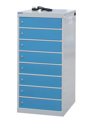 Laptop Charging Locker 1000h x 500w x 500d mm - 8 Tiers, 8 Doors Light Blue Doors