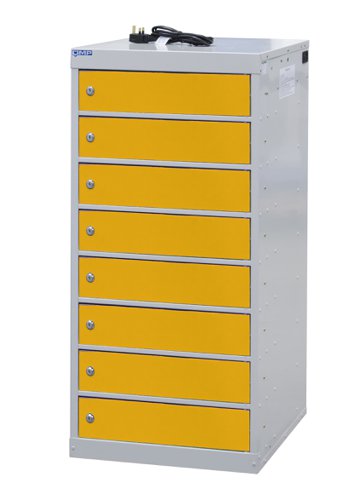Laptop Charging Locker 1000h x 500w x 500d mm - 8 Tiers, 8 Doors Yellow Doors