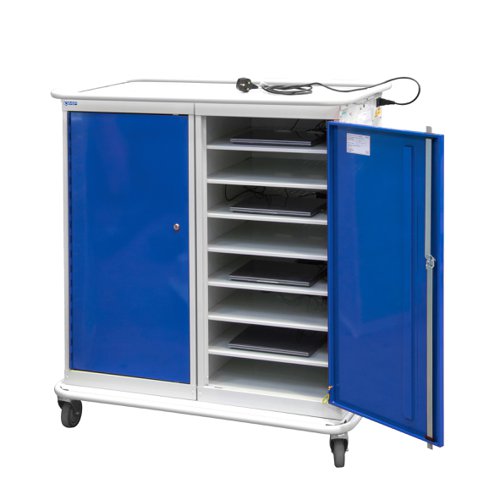Large Laptop & Tablet Storage Trolley 1200h x 1040w x 660d mm - 16 Tiers, 2 Doors Blue Doors