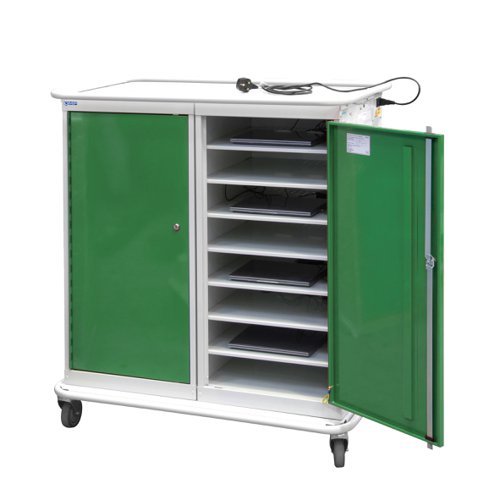 Large Laptop & Tablet Storage Trolley 1200h x 1040w x 660d mm - 16 Tiers, 2 Doors Green Doors