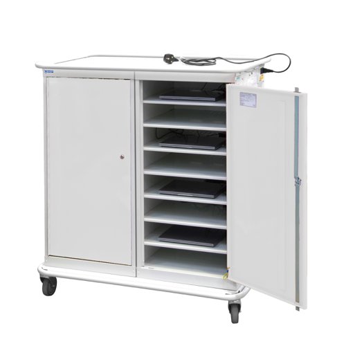 Large Laptop & Tablet Storage Trolley 1200h x 1040w x 660d mm - 16 Tiers, 2 Doors Light Grey Doors