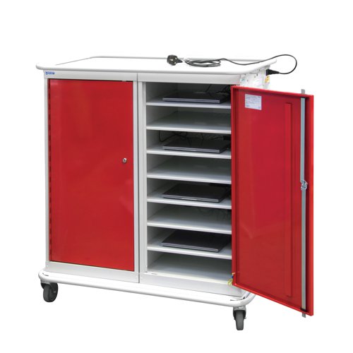 Large Laptop & Tablet Storage Trolley 1200h x 1040w x 660d mm - 16 Tiers, 2 Doors Red Doors