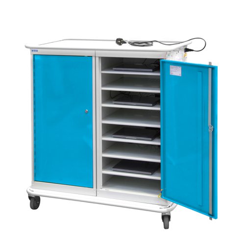 Large Laptop & Tablet Storage Trolley 1200h x 1040w x 660d mm - 16 Tiers, 2 Doors Light Blue Doors