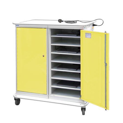 Large Laptop & Tablet Storage Trolley 1200h x 1040w x 660d mm - 16 Tiers, 2 Doors Yellow Doors