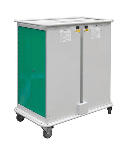 Narrow Aisle Laptop & Tablet Storage Trolleys 1200h x 525w x 1220d mm - 16 Tiers, 4 Doors Green Doors