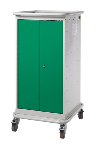 Narrow Aisle Laptop & Tablet Storage Trolleys 1200h x 525w x 670d mm - 8 Tiers, 2 Doors Green Doors