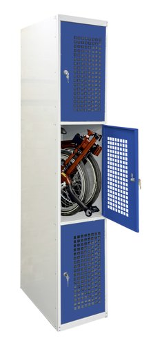 Folding Bike Lockers - 2150Hx450Wx650Dmm - Perforated Doors - 3 Compartments Dark blue doors Camlock