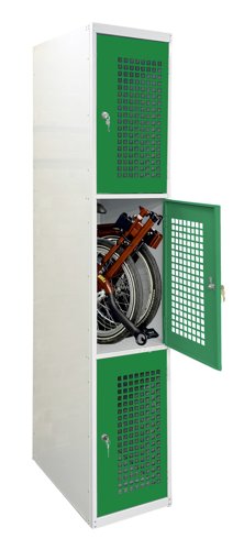 Folding Bike Lockers - 2150Hx450Wx650Dmm - Perforated Doors - 3 Compartments Green doors Camlock