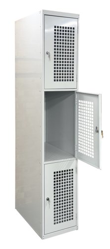 Folding Bike Lockers - 2150Hx450Wx650Dmm - Perforated Doors - 3 Compartments Light grey doors Camlock