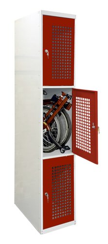 Folding Bike Lockers - 2150Hx450Wx650Dmm - Perforated Doors - 3 Compartments Red doors Camlock