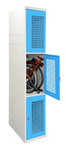 Folding Bike Lockers - 2150Hx450Wx650Dmm - Perforated Doors - 3 Compartments Light blue doors Camlock