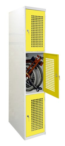 Folding Bike Lockers - 2150Hx450Wx650Dmm - Perforated Doors - 3 Compartments Yellow doors Camlock