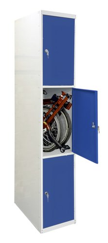 Folding Bike Lockers - 2150Hx450Wx650Dmm - Solid Doors - 3 Compartments Dark blue doors Camlock