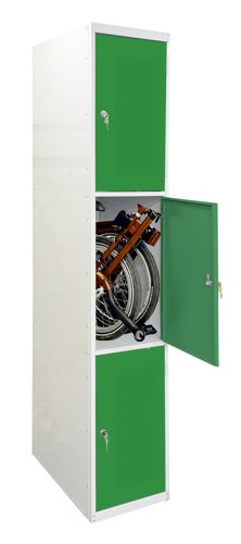 Folding Bike Lockers - 2150Hx450Wx650Dmm - Solid Doors - 3 Compartments Green doors Camlock