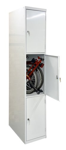 Folding Bike Lockers - 2150Hx450Wx650Dmm - Solid Doors - 3 Compartments Light grey doors Camlock