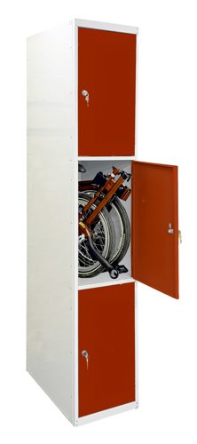 Folding Bike Lockers - 2150Hx450Wx650Dmm - Solid Doors - 3 Compartments Red doors Camlock