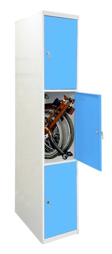 Folding Bike Lockers - 2150Hx450Wx650Dmm - Solid Doors - 3 Compartments Light blue doors Camlock
