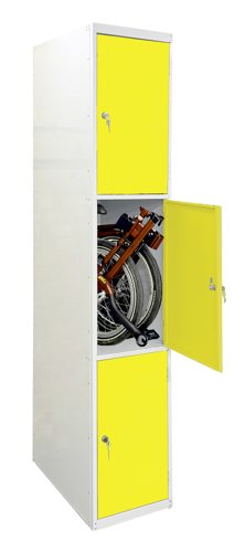 Folding Bike Lockers - 2150Hx450Wx650Dmm - Solid Doors - 3 Compartments Yellow doors Camlock